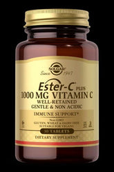Solgar Ester-C Plus vitamin C supplement bottle, 1000 mg, 30 tablets, supports immune health and is non-acidic.